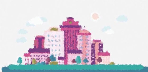 Soft painted illustration of a city skyline in pinks, plums and teal.